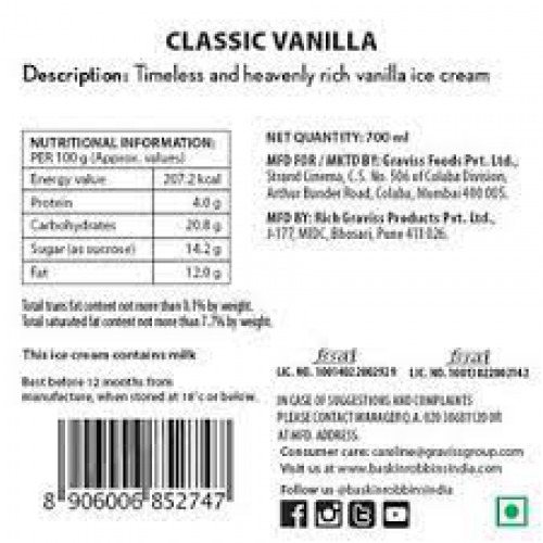 Baskin Robbins Ice Cream - Classic Vanilla, Made with Cow Milk, 700 ml Tub