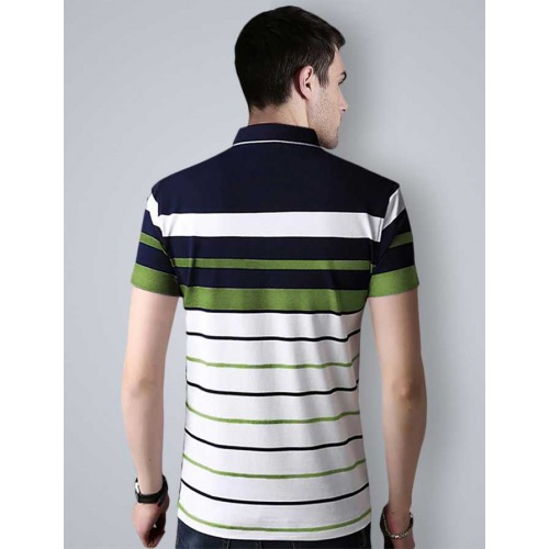 Striped Men Polo Neck White T-Shirt
